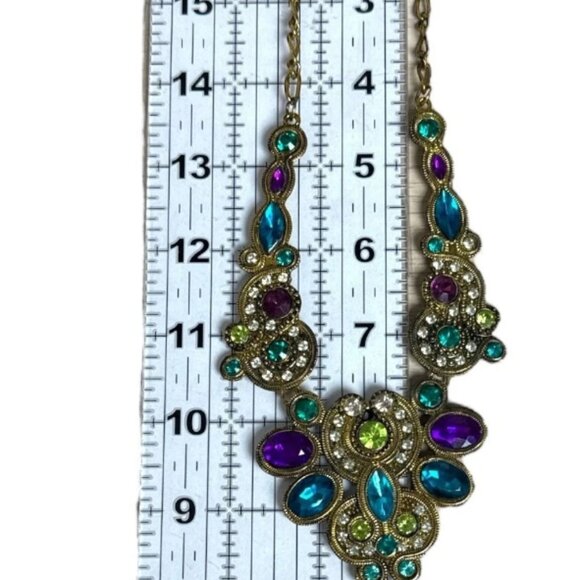 Jewel Tone Statement Bib Necklace Gold Tone Teardrop Pendant Multicolor - Picture 5 of 5